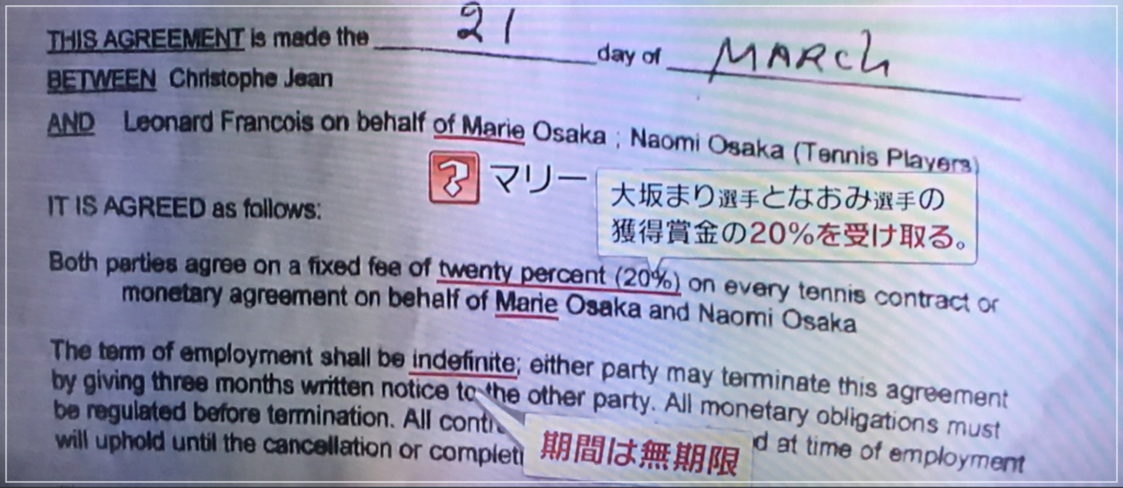 大坂なおみ　元コーチ　契約書　内容　画像
